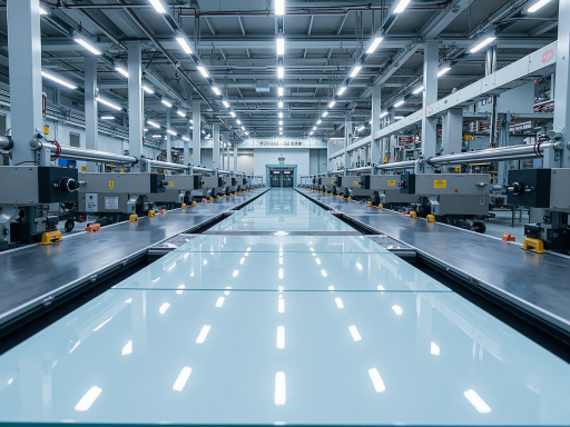 Modern factory interior with automated assembly lines and blue background, bright industrial lighting